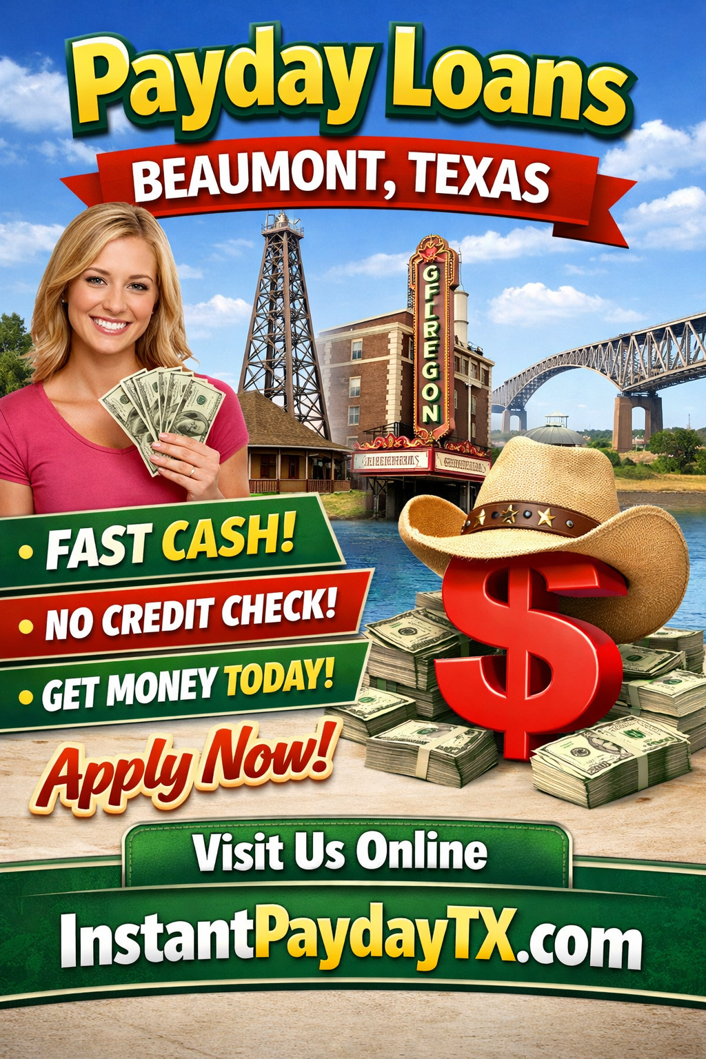 Beaumont resident applying for an online payday loan on a laptop with Texas map and Beaumont location marker