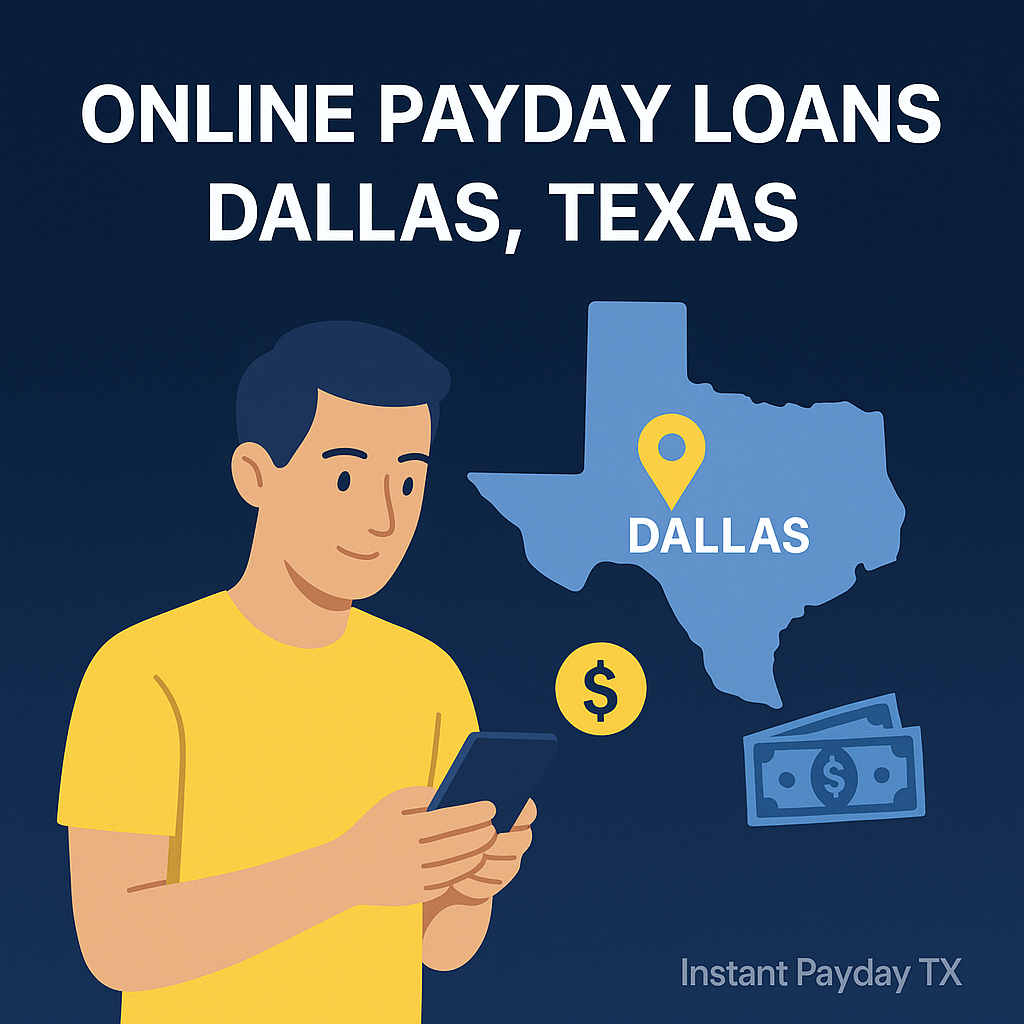 Person applying for an online payday loan in Dallas, Texas on a laptop with a Dallas city map overlay