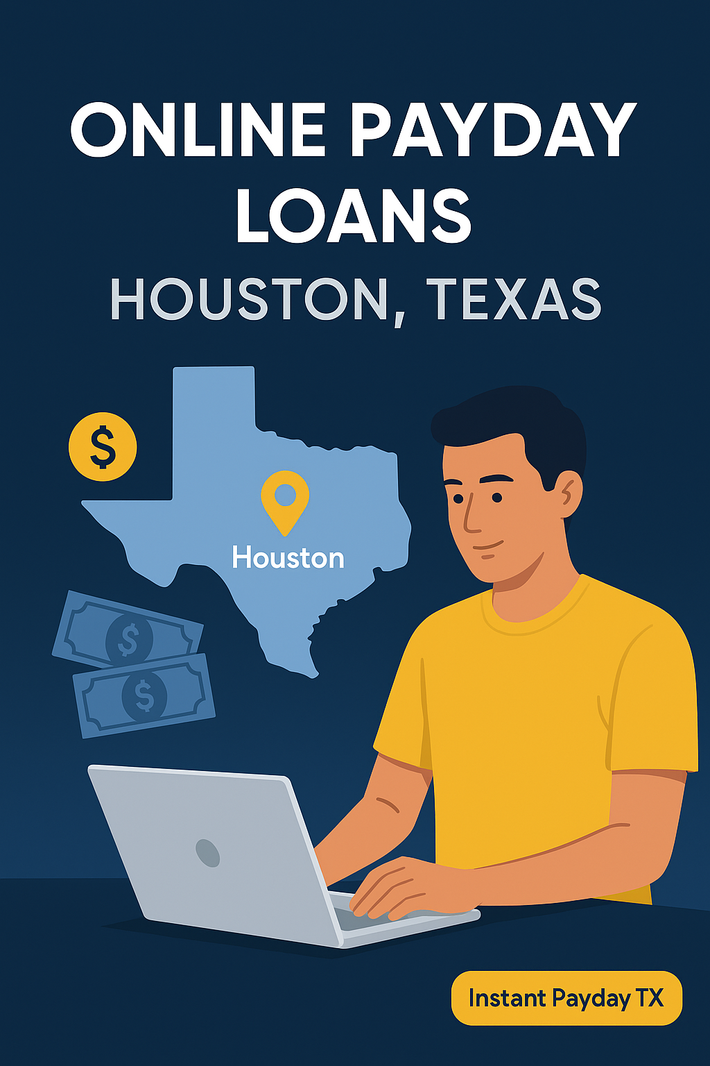 Person applying for an online payday loan in Houston, Texas on a laptop with a Texas map and Houston location marker